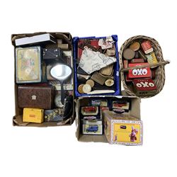 Vintage tins, Victorian work box, 'The Jubilee Teapot Stand', diecast models, cameras etc in three boxes and wicker basket 
