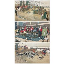 Cecil Aldin (British 1870-1935): 'The Death' 'Breaking Cover' and 'Hunt Supper', set three chromolithographs 37cm x 60cm - part of the Fallowfield Hunt series