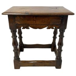 Oak joint stool, moulded rectangular top over moulded frieze rails with fret work detail, turned supports joined by plain stretchers