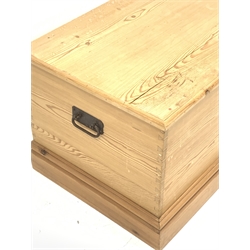 Victorian pine blanket box enclosed by hinged lid, single drawer to interior, plinth base, wrought iron carrying handle to each side, W94cm, H48cm, D54cm
