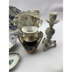 Pair of Meissen Onion pattern plates and matching oval dish with pierced border, 19th century Mason's Ironstone jug,  miniature Coalport Willow pattern jug & bowl, 19th century milk decanter and other 19th century ceramics 