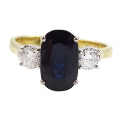 18ct gold three stone oval sapphire and round brilliant cut diamond ring, hallmarked, sapphire approx 2.40 carat, total diamond weight approx 0.40 carat