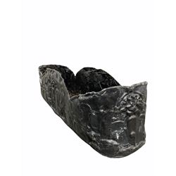 Early 19th century lead trough planter, the lobed top over strap work design centred by lion mask W65cm