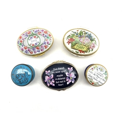 Five Halcyon Days enamel boxes to include 1988 and 1993 'A Year to Remember', '25', Commemorative example to celebrate the marriage of Charles and Diana and one other (5)