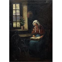 B Davies (British 19th century): Welsh Woman Reading in Cottage, oil on canvas signed 35cm x 25cm