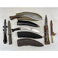 Three Burmese Dha, two kukris, English officers sword, two other swords, Swedish military bayonet, various modern bayonets and number of scabbards