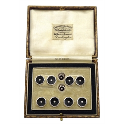 Art Deco gentleman's white gold diamond and onyx dress set, comprising pair of cufflinks, four shirt buttons and two collar studs, all stamped 9ct, approx 12.6gm, retailed by Collingwood & Sons Ltd, Darlington