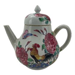 Chinese famille rose teapot, Qianlong period, of pear form with domed cover, the base painted with black cockerels and peonies amongst butterflies and foliage, H13cm. Provenance: From the Estate of the late Dowager Lady St Oswald 