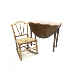 Early 20th century George II style oak gateleg drop leaf table, oval top raised on turned tapering supports (L92cm, H75cm) together with a child's elm country rocking chair with string seat 