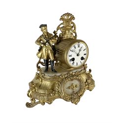 French - Alabaster and gilt-spelter 8-day mantle clock c1880, with a drum cased movement and huntsman on an alabaster and gilt plinth, white dial with  Roman numerals, minute track and steel moon hands, count wheel striking movement, striking the hours and half hours on a bell. With pendulum and key. 