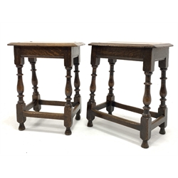  Matched pair 19th century oak coffin stools, with moulded and pegged tops raised on turned and block supports, W146  