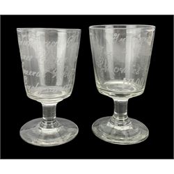 Two early 20th century Boer War commemorative drinking glasses engraved 'Transvaal War Great British Victory Spiones Kop Taken 1900' and 'Three Cheers For General White at Ladysmith 1900', max H11.5cm (2)