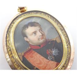 J Parent (French active 1815-1833)
Portrait miniature upon ivory 
Head and shoulder portrait of Napoleon I (1769-1821), wearing the uniform of the Chasseurs-a-Cheval de la Garde, wearing the ribbon and star of the Legion of Honour, the Iron Cross of Lombardy, and the Grande Eagle of the Legion of Honour
Initialled JCP and dated 1815
Within period gold frame with engraved silver gilt border to front, and studded blue enamel border with hair work panel with seed pearl monogram to centre verso
Oval 5cm x 4cm

Provenance
Phillips London July 1998 Lot 266
Purchased by the current vendor from Judy & Brian Harden Antiques September 98

Cf. A similar signed and dated example by Parent was sold as part of the Bernard Franck Collection in Paris.

Notes: It is unusual to find a work by Parent signed J.C.P., indicating a generally unknown middle name.
Former portrait miniature dealers Judy & Brian Harden have noted that this particular example may possibly have either been a presentation piece from either Napoleon himself, or a memento to 'M.J.' from someone connected with the Court. 

Parent was a well known miniaturist who exhibited at the Paris Salon between 1822 and 1833.
As portrait miniaturist at the court of Napoleon he produced a number of miniatures of Napoleon and his generals. 