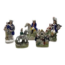 Victorian Staffordshire model of a Zebra with rider (a/f), Staffordshire watch stand and three other Staffordshire figures (5)