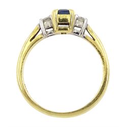 18ct gold three stone emerald cut sapphire and round brilliant cut diamond ring, hallmarked