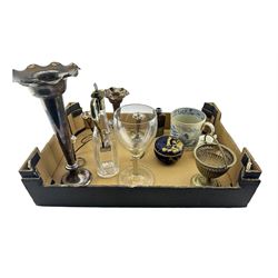 Mappin and Webb plated epergne, glass claret jug with plated mounts, hip flask, Limoges box and cover etc in one box