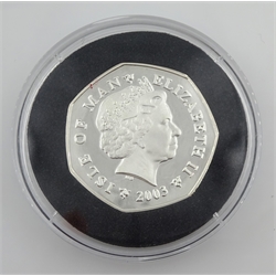 Queen Elizabeth II 2003 Isle of Man 'The Snowman' coloured silver proof fifty pence coin, cased with certificate