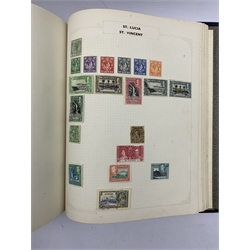 Great British and world stamps and coins including USA five dollar note and small number of USA coins, stamps in albums and loose including commonwealth including King George VI mint stamp part sets, world stamps including India overprints, Australia, Canada etc 