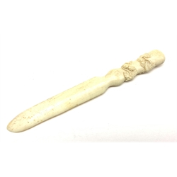 Japanese Meiji period ivory letter opener, the handle carved in high relief with fruiting foliage, L26.5cm 