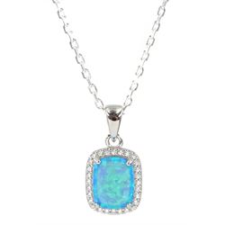 Silver rectangular opal and cubic zirconia pendant necklace, stamped 925 