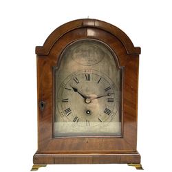 A late 18th century single train 8-day fusee bracket clock by “Thomas Foss, The Strand London” C1790, in a break arch mahogany case with a corresponding glazed door, glazed side windows and glazed rear movement door, case raised on a moulded plinth and four bracket feet, with a silvered dial and non-matching steel hands, dial engraved with Roman numerals, Arabic five minutes and minute track, makers name to the arch enclosed in an oval cartouche, four pillar movement with tapered movement plates and recoil anchor escapement. With pendulum & Key.  H37 W28 D17

Thomas Foss, London 1782-94 was apprenticed (1765) to Joseph Hindley, son of Henry Hindley of York. The Hindley family were innovative clockmakers, Henry Hindley frequently referred to as “The Tompion of the North”





