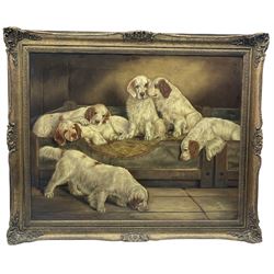 Benedict Angell Hyland (British 1859-1933): Family of Clumber Spaniels, oil on canvas signed and dated 1884, 60cm x 76cm