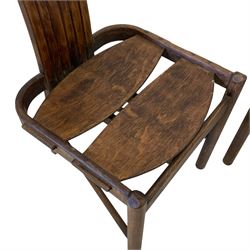 Pair mid to late 20th century oak chairs, high-slat-back with dished plank seats, turned front supports and tapering stretchers to back