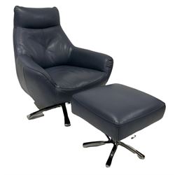 Swivel chair and footstool upholstered in blue leather, raised on a five spoke base 