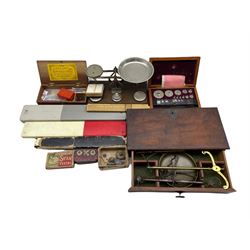 Set of Victorian travelling balance scales, case of chemical weights by F Sartorius, Gottingen, case of weights marked Avery, balance scales by Johnson, slide rules etc