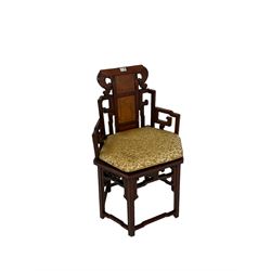 Chinese rosewood corner chair, with pierced back and burr wood panels, raised on squared supports united by stretchers 
