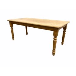 Victorian style pine farmhouse dining table, the rectangular top raised on turned supports 184cm x 91cm, H76cm