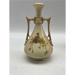 Late Victorian Royal Worcester twin handled ovoid form vase, painted and gilded with floral sprays, with puce printed marks beneath including shape number 1021, H15.5cm, together with two early 20th century Royal Worcester blush ivory vases including shapes 1021 and 2151 (3)