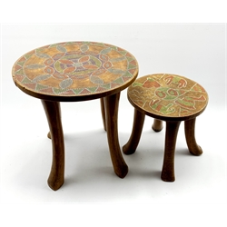 East African Kamba stool, the circular top with beaded decoration D36cm and another with animal and bird decoration D26cm