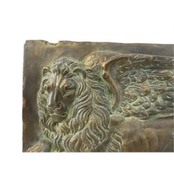 Bronze effect relief wall plaque, depicting the Venetian winged lion of St Mark the Evangelist holding the Bible