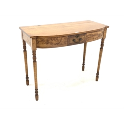  George IV satin birch side table, with shaped front, faux frieze drawer, raised on ring turned supports, W90cm  