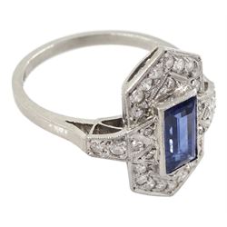 18ct white gold Art Deco style milgrain set baguette cut sapphire and diamond cluster ring, stamped 18ct Plat
