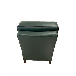 Armchair, upholstered in green fabric, raised on turned bun feet 