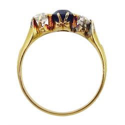 21ct gold three stone oval sapphire and round brilliant cut diamond ring, sapphire approx 0.60 carat, total diamond weight approx 0.40 carat