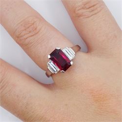 18ct white gold three stone emerald cut Thai ruby and baguette cut diamond ring, hallmarked, ruby approx 2.00 carat, total diamond weight approx 0.60 carat