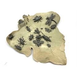  Chinese carved soapstone leaf shape plaque decorated with applied pewter insects 37cm x 34cm  