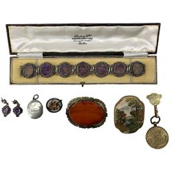 Foliate engraved gilt metal fausse montre locket, on a clip stamped 9ct, Japanese satsuma pottery brooch, agate brooch, Charles Horner silver and paste thistle brooch, locket pendant, Chinese silver amethyst bracelet and other jewellery