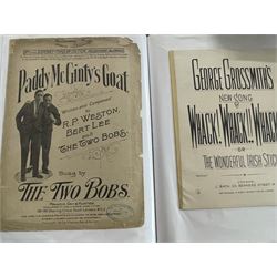 Two albums Victorian and later sheet music covers relating Scotland and Ireland to include Songs of the Emigrants, Kitty I'm Leaving Dublin City, My Irish Home Sweet Home, The Highland Burn,, Songs of Scotland, The Heart of Loch Lomond and others (approx 80) Provenance: From the Estate of a Local private collector