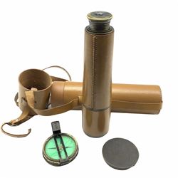 19th century brass cased prismatic compass by Elliott Bros. Strand, inscribed on the case L Griffiths D7.5cm and a brass and leather covered four draw telescope reconditioned by Broadhurst Clarkson & Co. for John Barker & Co. London 