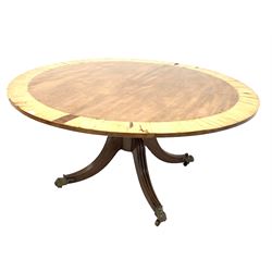 Regency crossbanded mahogany circular tilt top dining table on quartette splay supports