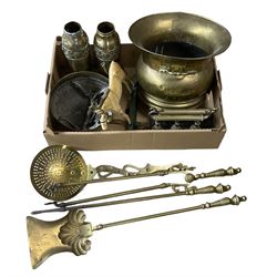 Pair of brass vases, brass fire irons, painted cast iron doorstop in the form of a Horse and other metal ware in one box