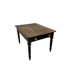 Victorian pine kitchen table, the pine top over ebonised base with one drawer, raised on turned supports 
