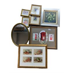 Lynda Logan- Splash of Primroses, oil on board, three limited edition prints by Janet Sheath, framed postcards, two Kensitas woven cigarette cards, framed and an oval mirror