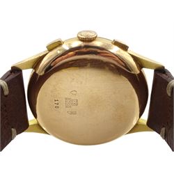 Exactus 18ct gold gentleman's manual wind chronograph wristwatch, tachymeter and telemeter dials, back case No. 178, Swiss hallmarks, on tan leather strap