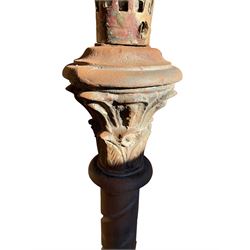 19th century lantern on post, faceted copper and glazed lantern top, cast iron foliage capital over twist decoration and lattice stem, octagonal base 