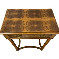 20th century oyster veneered and oak side table, moulded top with matched oyster-cut laburnum panels, fitted with single cock-beaded drawer with matching veneers, on spiral turned supports united by curved stretchers 